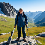 A dedicated earth scientist, fully clothed in durable, modest field gear including a practical hiking jacket and sturdy cargo pants, stands confidently amidst a rugged mountain landscape. One hand holds a geological hammer, while the other points to a prominent rock outcrop. The background features complex geological formations and distant, majestic peaks under a clear sky, conveying a sense of scientific exploration and deep connection to nature. Perfect anatomy, correct proportions, natural pose, well-formed hands, proper finger count, natural body proportions. Professional photography, high quality, safe for work, appropriate content, fully clothed, professional.