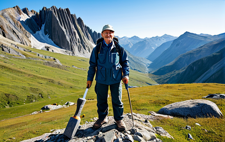 A dedicated earth scientist, fully clothed in durable, modest field gear including a practical hiking jacket and sturdy cargo pants, stands confidently amidst a rugged mountain landscape. One hand holds a geological hammer, while the other points to a prominent rock outcrop. The background features complex geological formations and distant, majestic peaks under a clear sky, conveying a sense of scientific exploration and deep connection to nature. Perfect anatomy, correct proportions, natural pose, well-formed hands, proper finger count, natural body proportions. Professional photography, high quality, safe for work, appropriate content, fully clothed, professional.