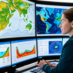 A professional female Earth Scientist, fully clothed in a modest business casual outfit, intently observing large, dynamic data visualizations on multiple transparent screens and a holographic display. She is in a futuristic, clean Earth Science research lab or command center. The screens show complex geological maps, climate models with intricate weather patterns, and real-time environmental data represented by vibrant, flowing lines and heatmaps. AI interfaces are subtly integrated into the display, indicating advanced data processing. The lighting is bright and technical. High-resolution, ultra-detailed, professional photography, natural pose, perfect anatomy, correct proportions, well-formed hands, proper finger count, natural body proportions, safe for work, appropriate content, family-friendly, professional dress.