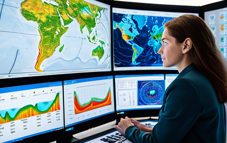 A professional female Earth Scientist, fully clothed in a modest business casual outfit, intently observing large, dynamic data visualizations on multiple transparent screens and a holographic display. She is in a futuristic, clean Earth Science research lab or command center. The screens show complex geological maps, climate models with intricate weather patterns, and real-time environmental data represented by vibrant, flowing lines and heatmaps. AI interfaces are subtly integrated into the display, indicating advanced data processing. The lighting is bright and technical. High-resolution, ultra-detailed, professional photography, natural pose, perfect anatomy, correct proportions, well-formed hands, proper finger count, natural body proportions, safe for work, appropriate content, family-friendly, professional dress.