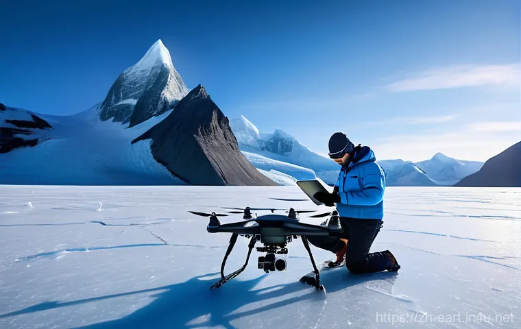지구과학자 취업 전망 - A professional Earth scientist, wearing thermal outdoor gear including a warm jacket, insulated pant...