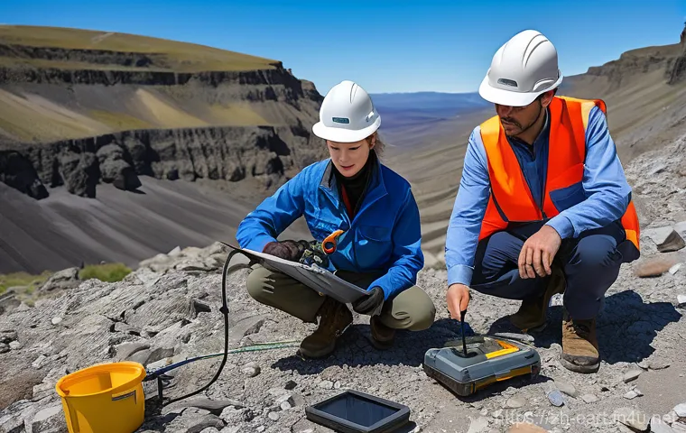 지구과학자 취업 전망 - A professional Earth scientist, wearing thermal outdoor gear including a warm jacket, insulated pant...