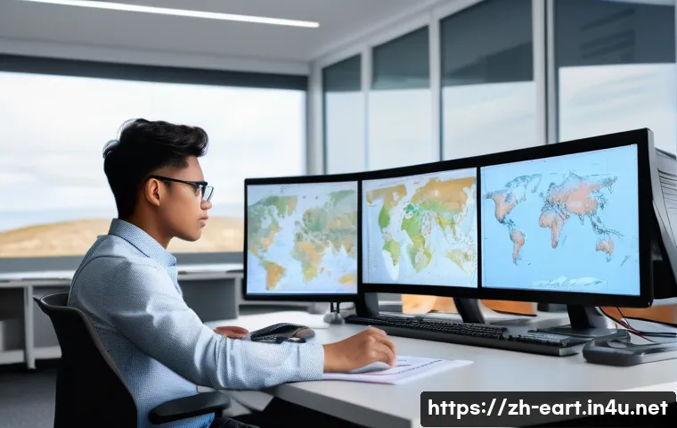 지구과학자 연구소 면접 준비 - A professional young geoscientist in smart casual attire, attentively analyzing detailed geological ...