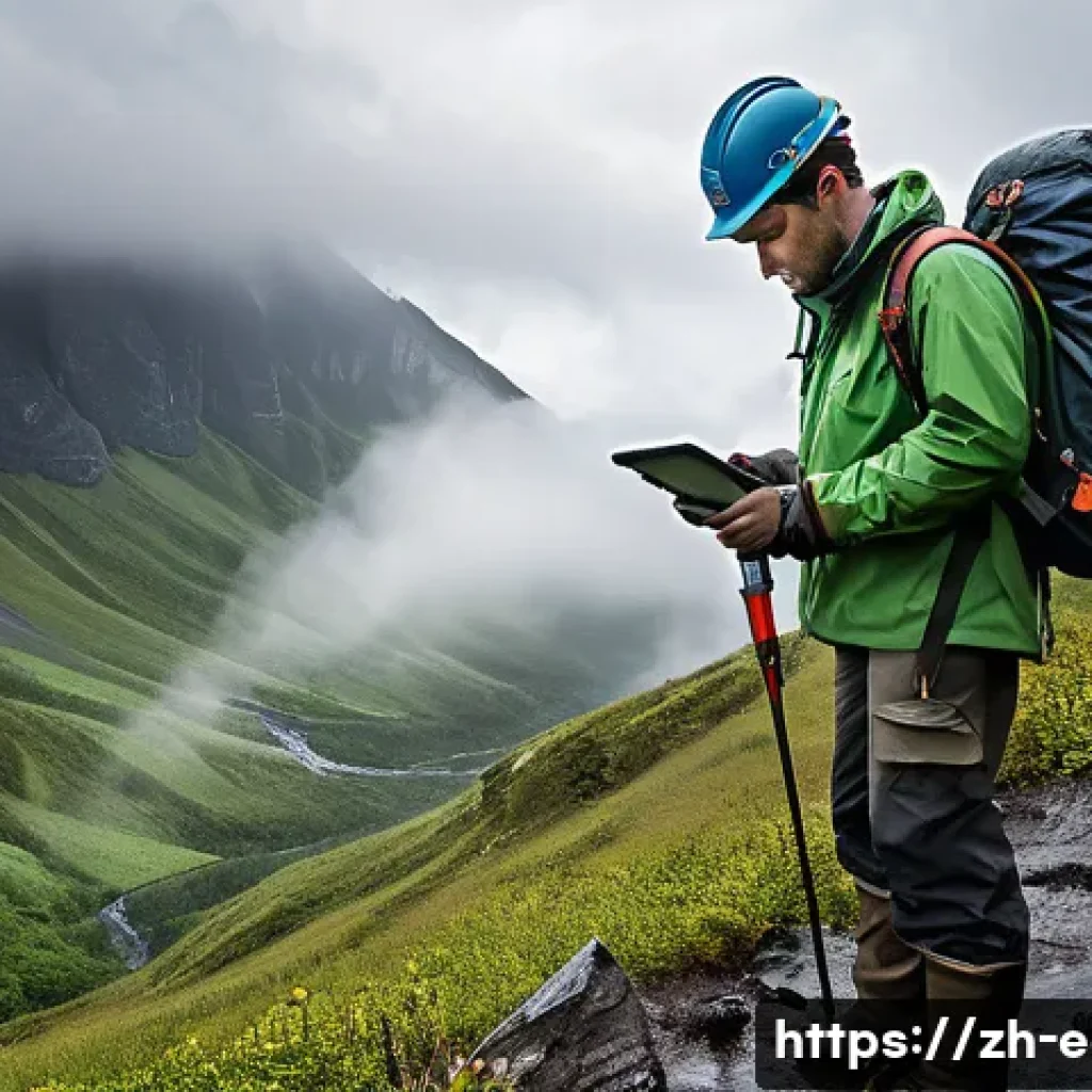 지구과학자 현장 경험 - A detailed outdoor geological fieldwork scene set in a rugged mountainous area under changing weathe...