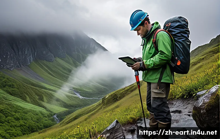 지구과학자 현장 경험 - A detailed outdoor geological fieldwork scene set in a rugged mountainous area under changing weathe...