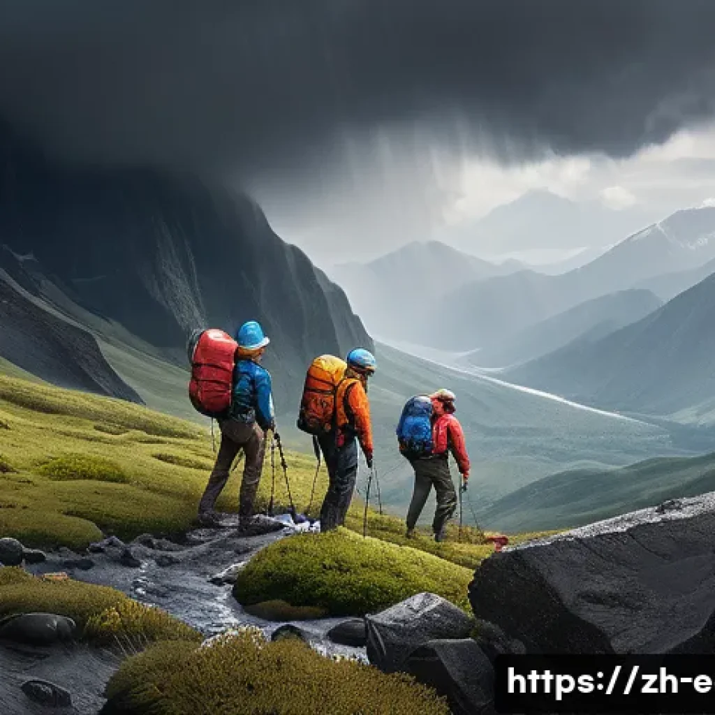 지구과학자 대학교 연구 프로젝트 - A detailed scientific field expedition scene in a mountainous region during a sudden rainstorm, feat...
