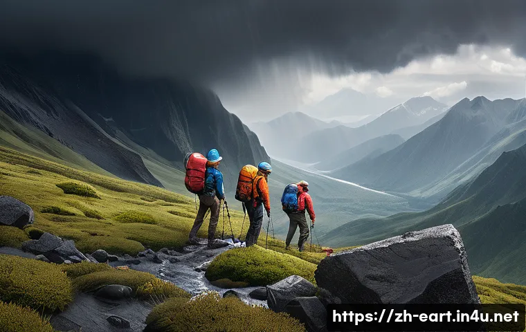 지구과학자 대학교 연구 프로젝트 - A detailed scientific field expedition scene in a mountainous region during a sudden rainstorm, feat...