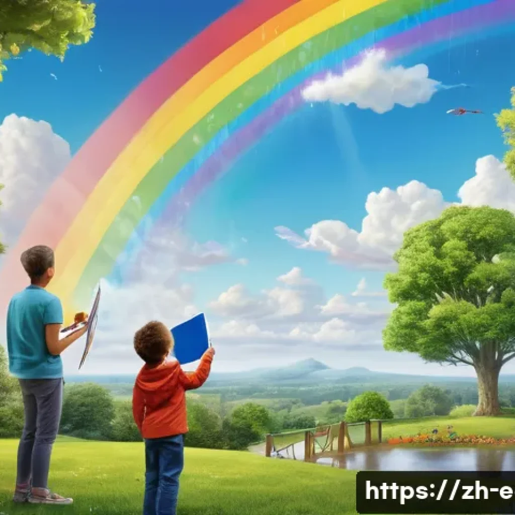 지구과학자 비전공자에게 추천하는 공부법 - A vibrant outdoor scene showing a family observing a rainbow after rain in a lush park setting durin...