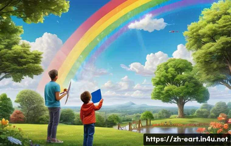 지구과학자 비전공자에게 추천하는 공부법 - A vibrant outdoor scene showing a family observing a rainbow after rain in a lush park setting durin...