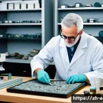 지구과학자 연구실 경험 공유 - A detailed laboratory scene showing a geologist carefully preparing rock samples for microscopic ana...