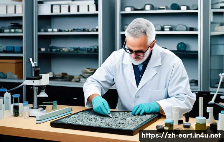 지구과학자 연구실 경험 공유 - A detailed laboratory scene showing a geologist carefully preparing rock samples for microscopic ana...