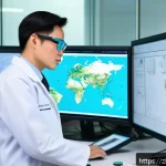 지구과학자 면접 준비 - A professional geologist in a modern laboratory setting, wearing safety glasses and a lab coat over ...