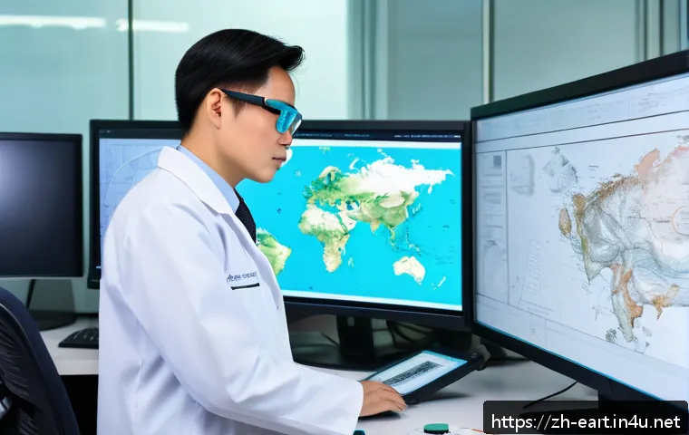 지구과학자 면접 준비 - A professional geologist in a modern laboratory setting, wearing safety glasses and a lab coat over ...