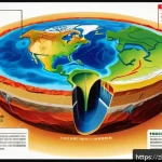 지구과학자 중점 과목 - A highly detailed scientific illustration of Earth's internal structure showing the layered composit...