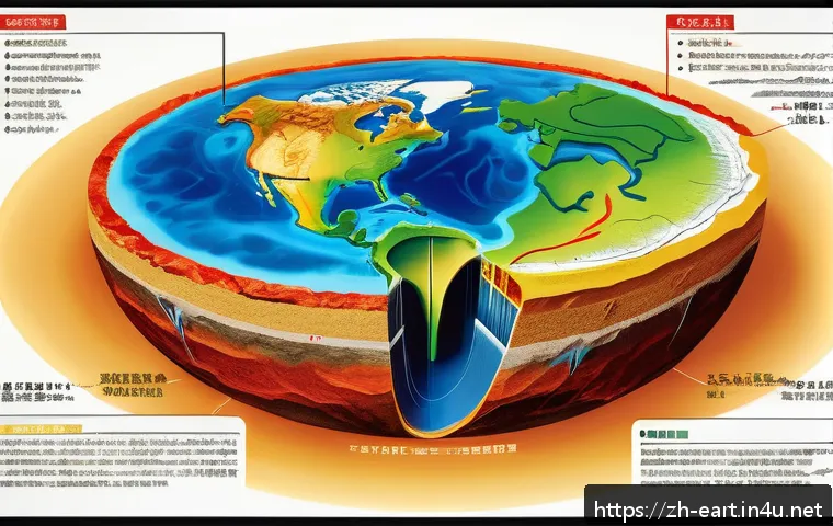 지구과학자 중점 과목 - A highly detailed scientific illustration of Earth's internal structure showing the layered composit...