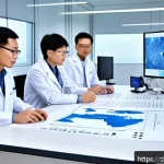 지구과학자 연구비 지원 제도 - A high-tech geoscience laboratory bustling with diverse researchers collaborating on advanced geolog...
