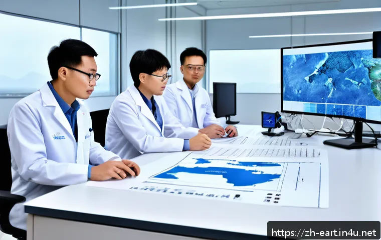 지구과학자 연구비 지원 제도 - A high-tech geoscience laboratory bustling with diverse researchers collaborating on advanced geolog...