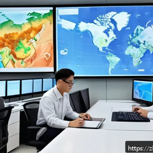 지구과학자 해외 취업 기회 - A diverse group of geoscientists from various countries collaborating in a modern high-tech laborato...