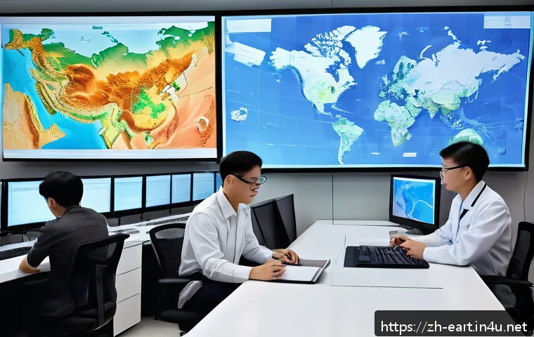 지구과학자 해외 취업 기회 - A diverse group of geoscientists from various countries collaborating in a modern high-tech laborato...