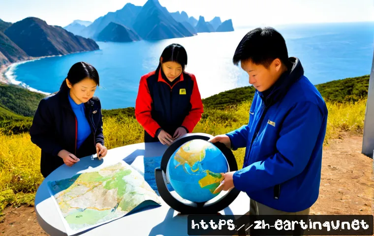 지구과학자 국제적 연구 협력 - Photorealistic international earth science research collaboration in a modern coastal field station,...